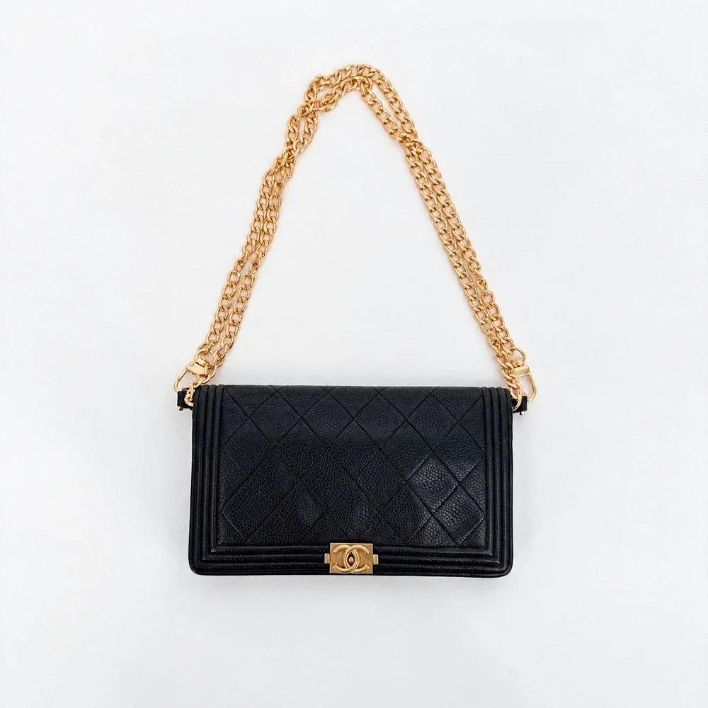 Chanel Boy Flap Wallet Black Quilted Caviar Gold Hardware Luxury Wallet on Chain